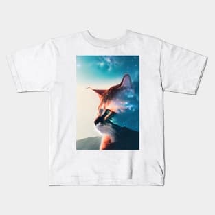 Galaxy Cat Double Exposure - Modern Digital Art Kids T-Shirt